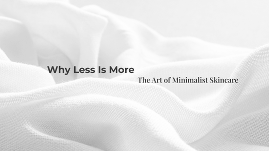 Soft folds of white fabric with the blog title text, representing the elegance, simplicity, and luxury of minimalist skincare.