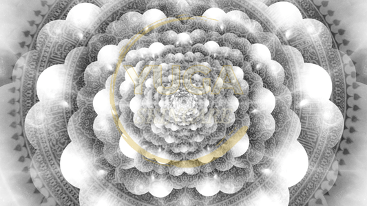 Abstract mandala-inspired spiral in soft greys with gold YUGA skincare branding, evoking ancient wisdom and cyclical balance.