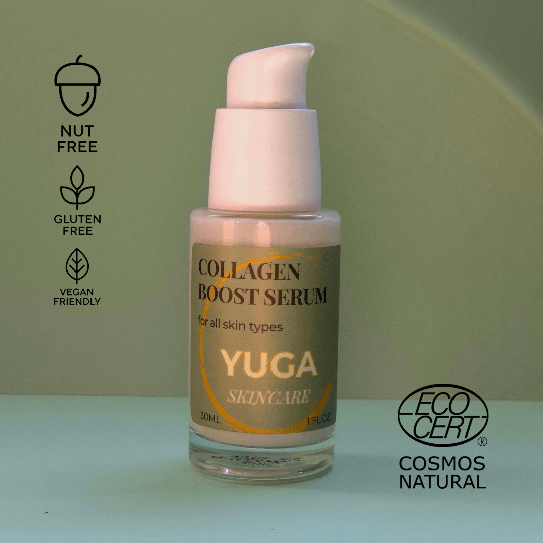 Collagen Boost Serum standing against a green background with COSMOS Natural and other certification icons visible.