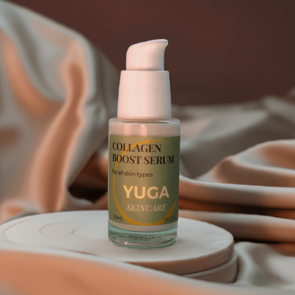 Serum bottle on a soft, silky fabric in earthy tones, with warm ambient lighting.