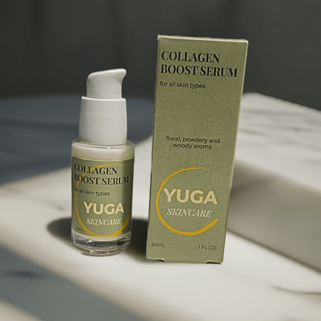 YUGA skincare Collagen Boost Serum with its packaging, displayed on a minimal beige surface.