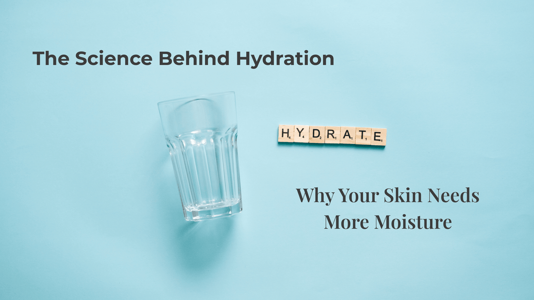 Glass of water and scrabble letters spelling "hydrate" on a light blue background, visualizing the science and importance of skin moisture.