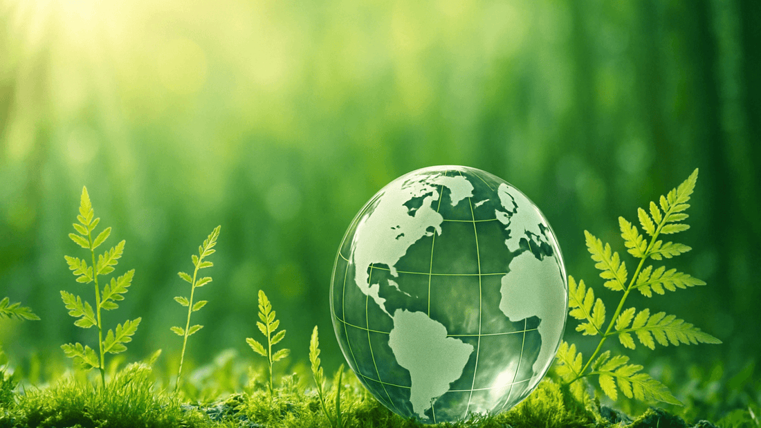 Glass globe surrounded by fresh green leaves and sunlight, symbolizing YUGA skincare’s sustainable and eco-conscious beauty philosophy.